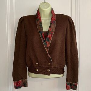 Vtg 80s PS Sport brown knit sweater jacket with floral collar & cuffs